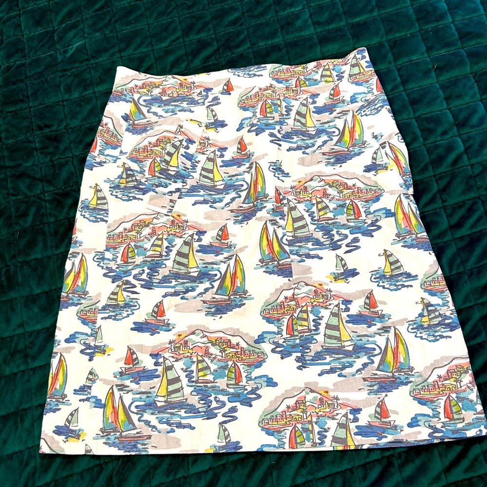 Nine West Nautical Sailboat Print Skirt | Coastal Boat Scene | Size 6P | NWT